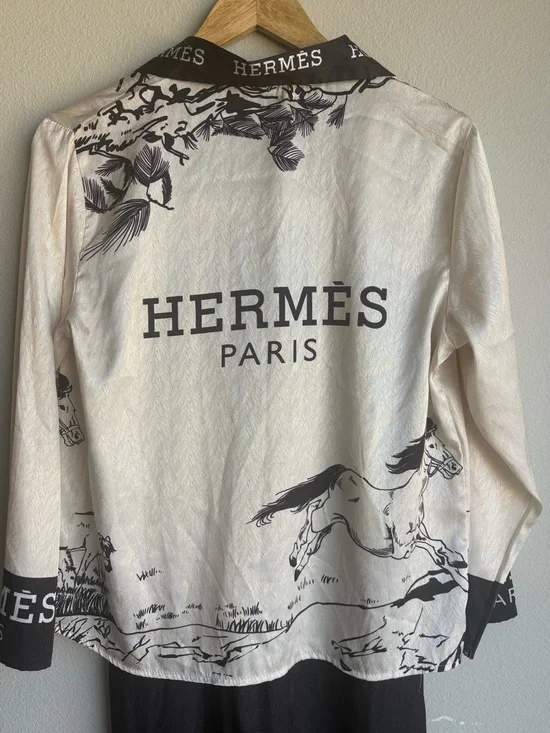 Ivory and Black Printed Button-Up Shirt and matching pant set - Picture 4 of 10